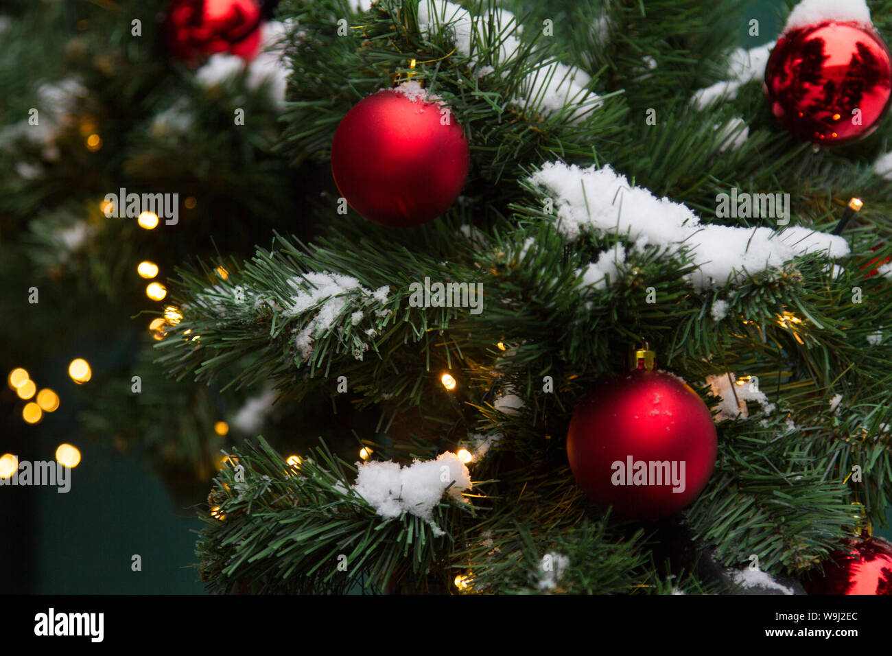 Focus On Christmas Tree With Red Ball Outside House Near The