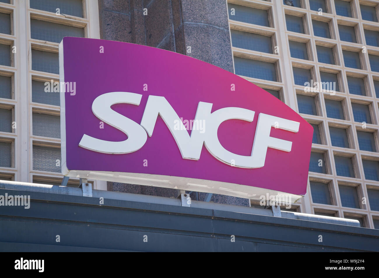 The SNCF Railways logo on the train station at Le Havre, Gare du Havre Stock Photo