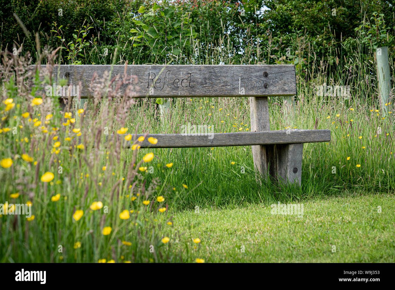 Rustic Wooden Bench Set In Countryside Surroundings Uk Stock