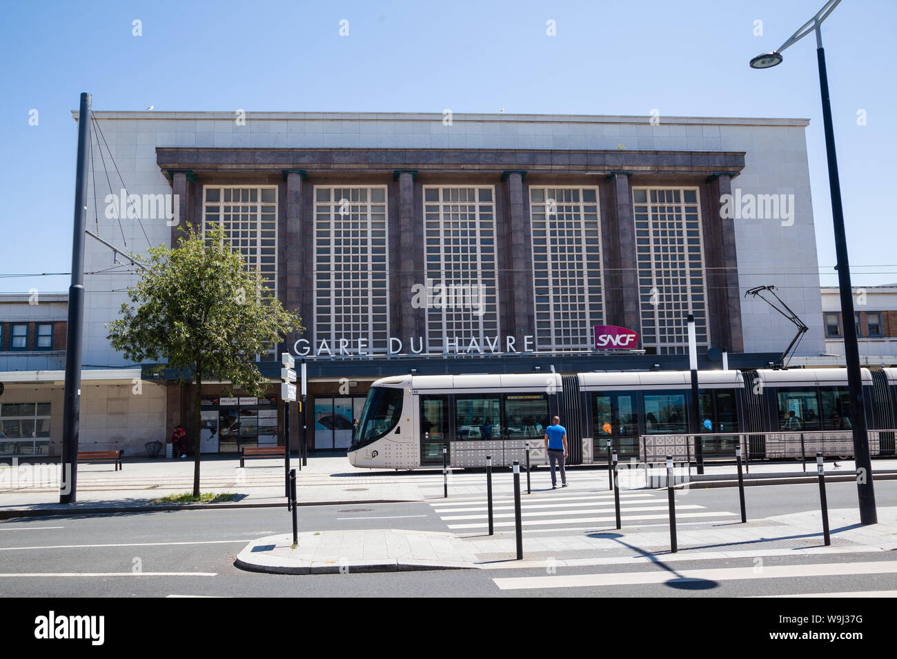 Le Havre railway station or Gare du Havre with a tram stopped outside Stock Photo