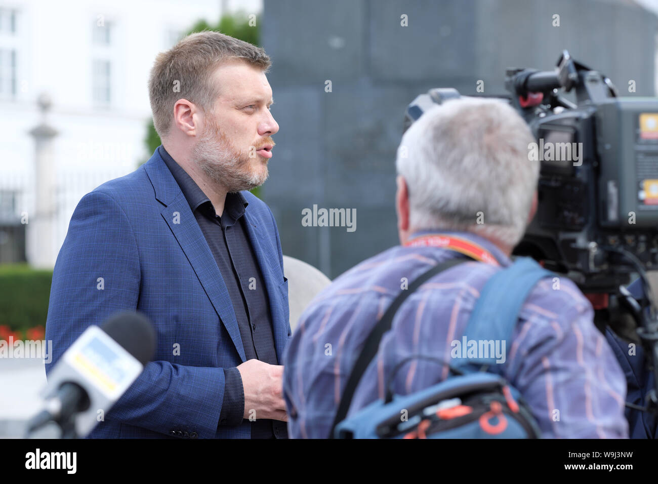 Warsaw Poland politician Adrian Zanderberg member of the Partia Razem party being interviewed by the media in August 2019 Stock Photo
