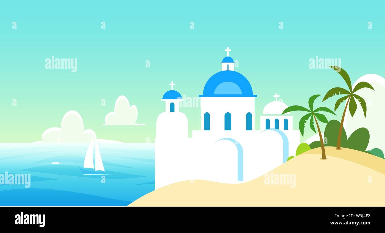 Vector Nature landscape illustration of Greece with Church near the coast Stock Vector