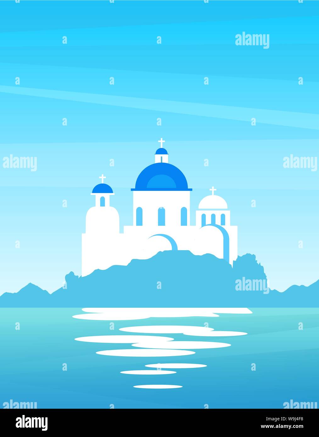 Vector nature landscape of Greek with view on the coast. Church with blue domes on a sunny day Stock Vector