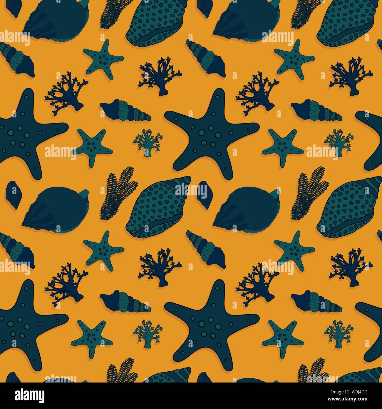 Seashells corals and starfish vector seamless pattern on a mustard color background Stock Vector