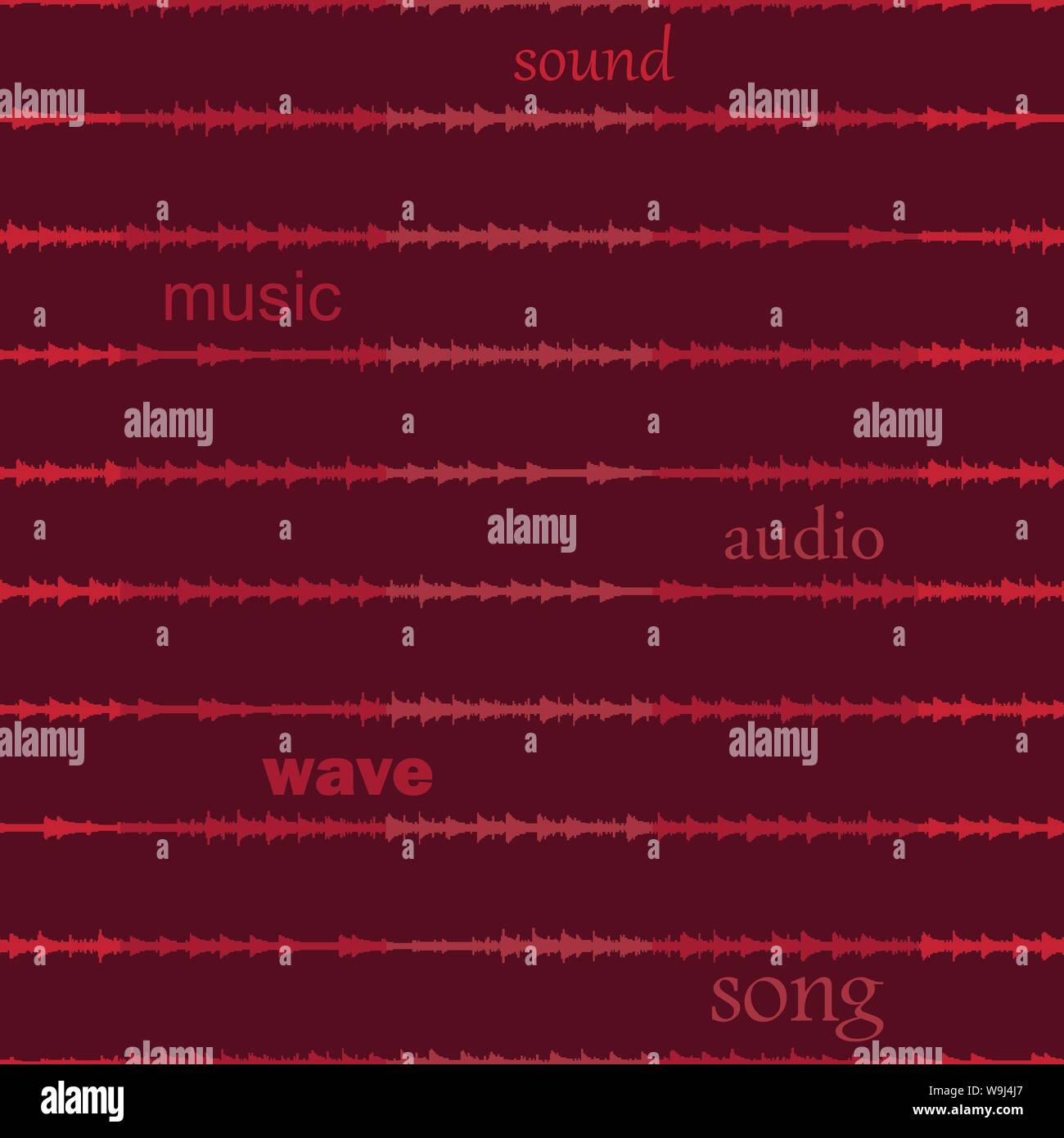 Red colors vector seamless pattern with sound waves and words Stock Vector