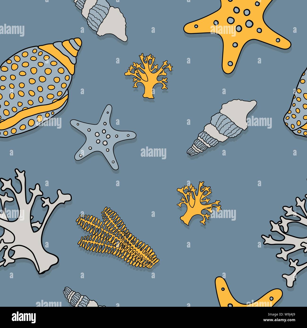 Seashells, corals and starfish illustration vector seamless pattern on a blue background Stock Vector