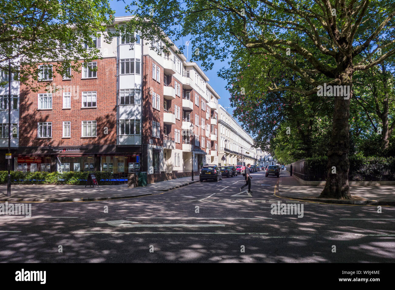 Traffic on tree lined Holland Park Avenue, Royal Borough of Kensington ...