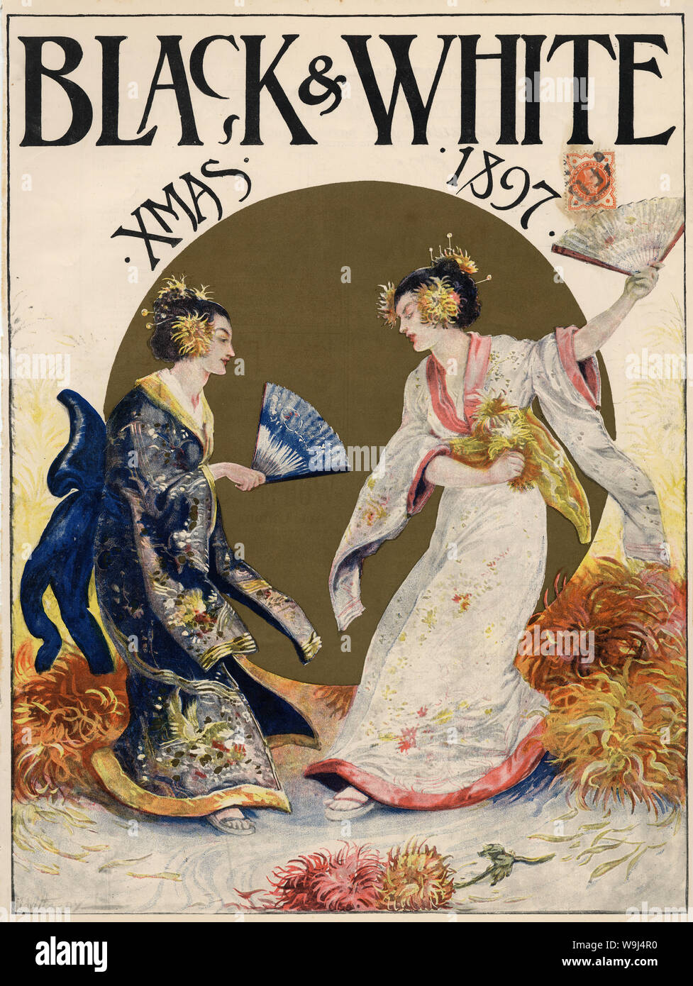 [ 1890s Japan - Japonisme: Western Women in Japanese Kimono ] —   Cover of the Christmas number of the British weekly illustrated newspaper Black & White published on November 15, 1897 (Meiji  30). It shows two Western women in kimono dancing with fans amid chrysanthemums. In the back is a golden sun. There is a stamp on the right of 1897.  19th century vintage newspaper illustration. Stock Photo