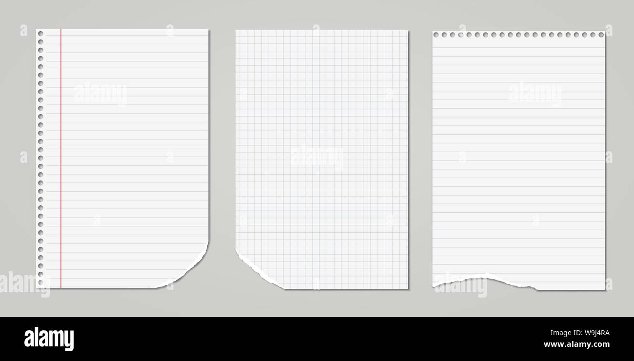 White ripped, lined and squared notebook, copybook paper sheets are on ...