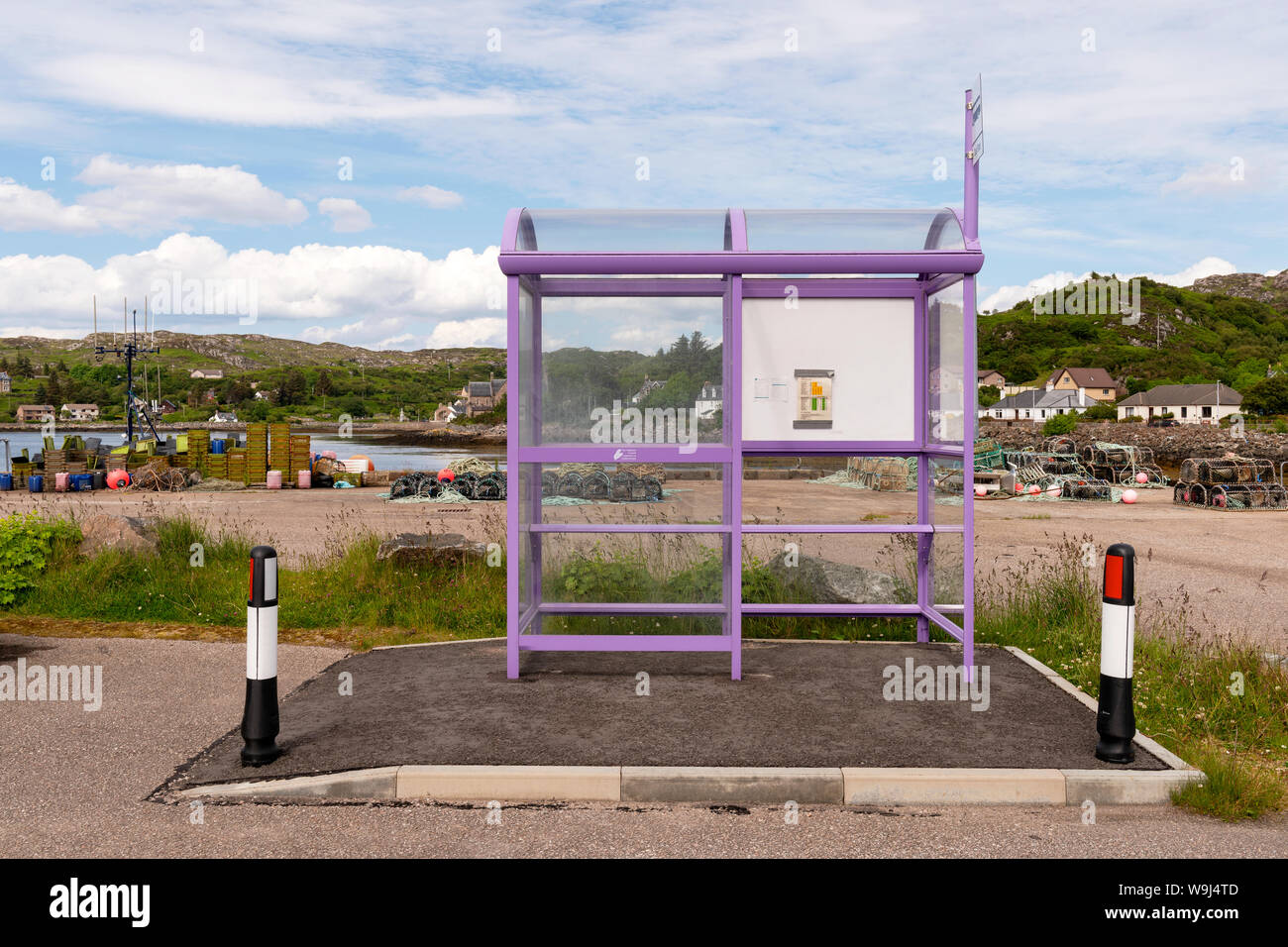 Bus Stop Shelter at the harbour, Lochinver, Wester Ross, Scotland. Stock Photo