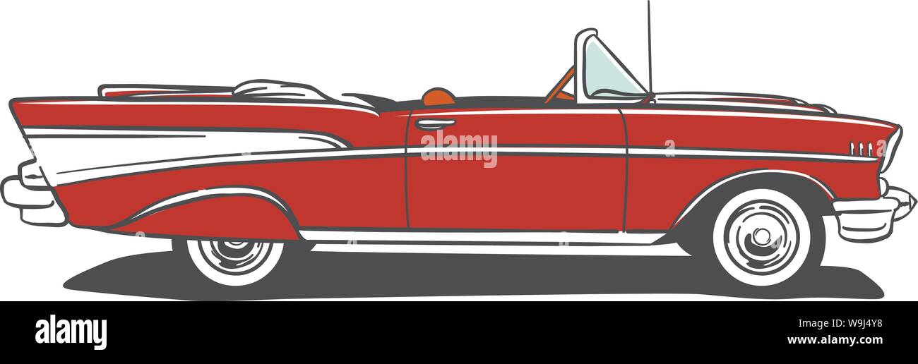 50's convertable red car with tail fins side view Line are with flat color Stock Vector