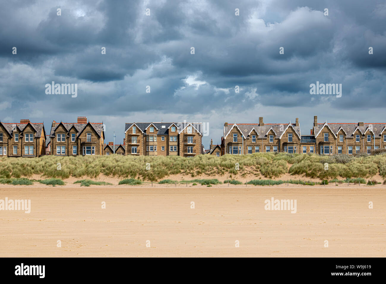 Sea front houses and sand dunes at St. Annes on Sea, Lancashire Stock Photo