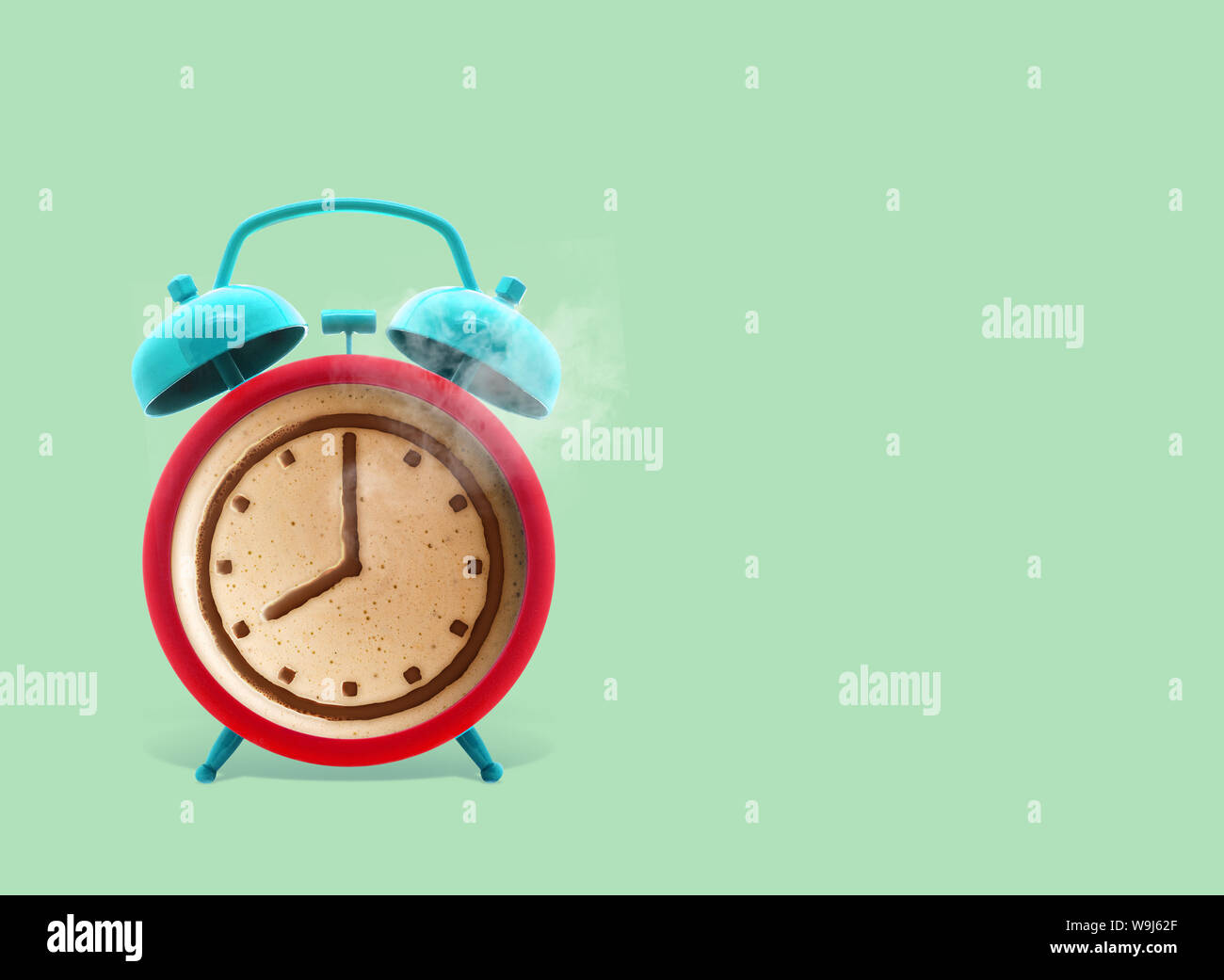 Twin bell alarm clock with coffee mug on green background, Coffee clock