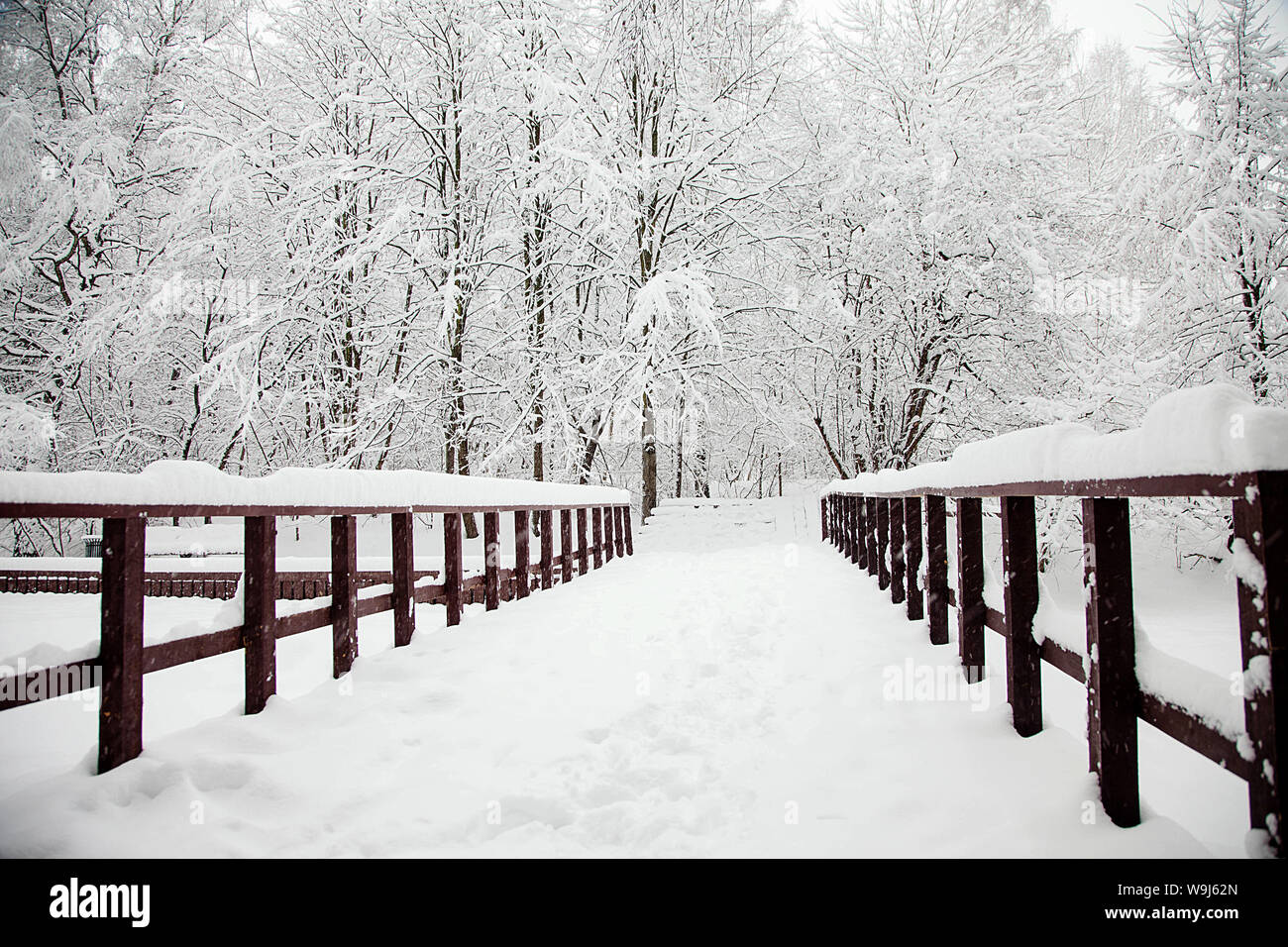 winter wooden browm bridge in the forest Stock Photo - Alamy