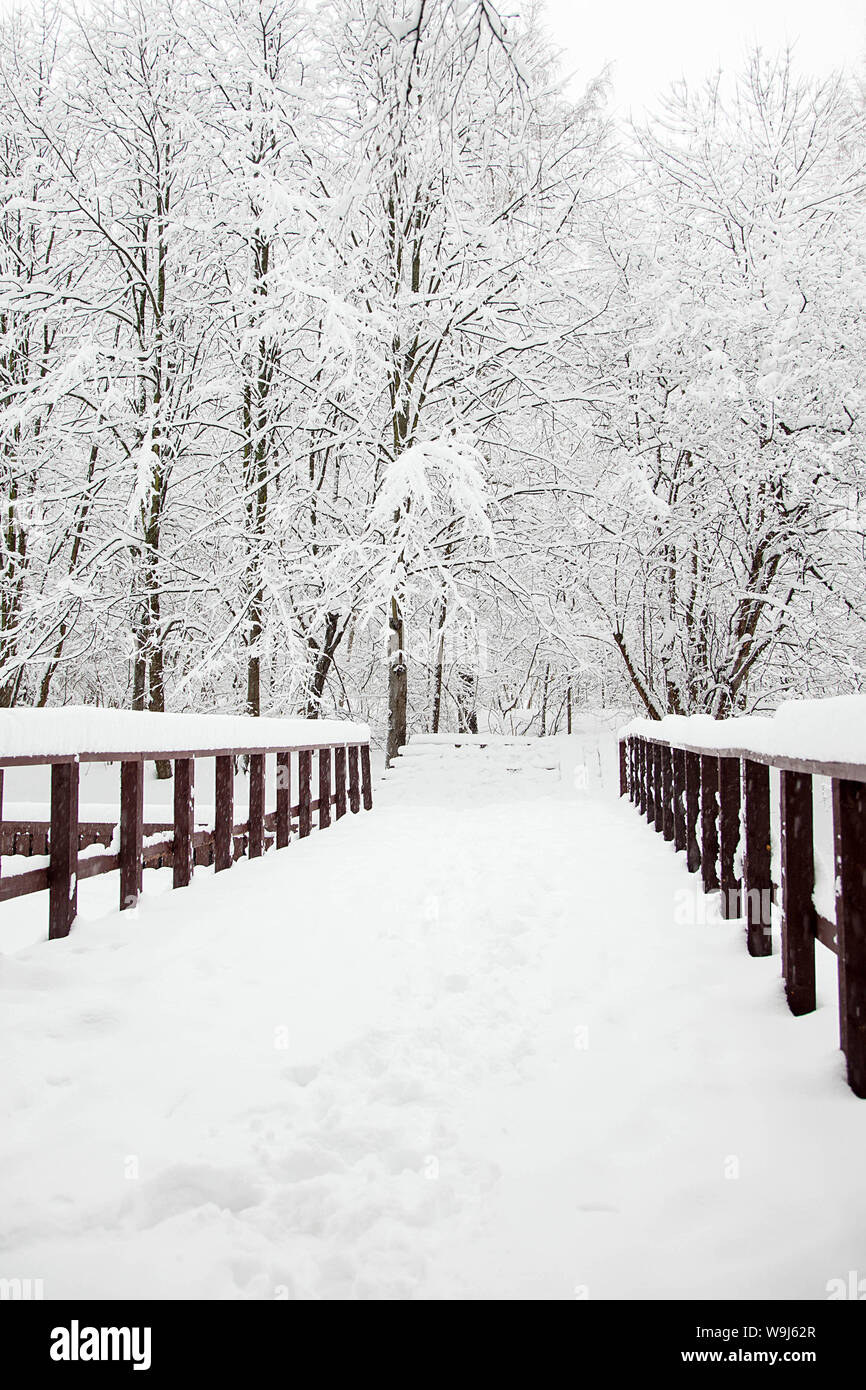 winter wooden browm bridge in the forest Stock Photo - Alamy