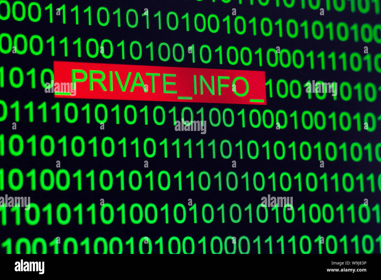 Words private info in binary code green on a black background Stock Photo