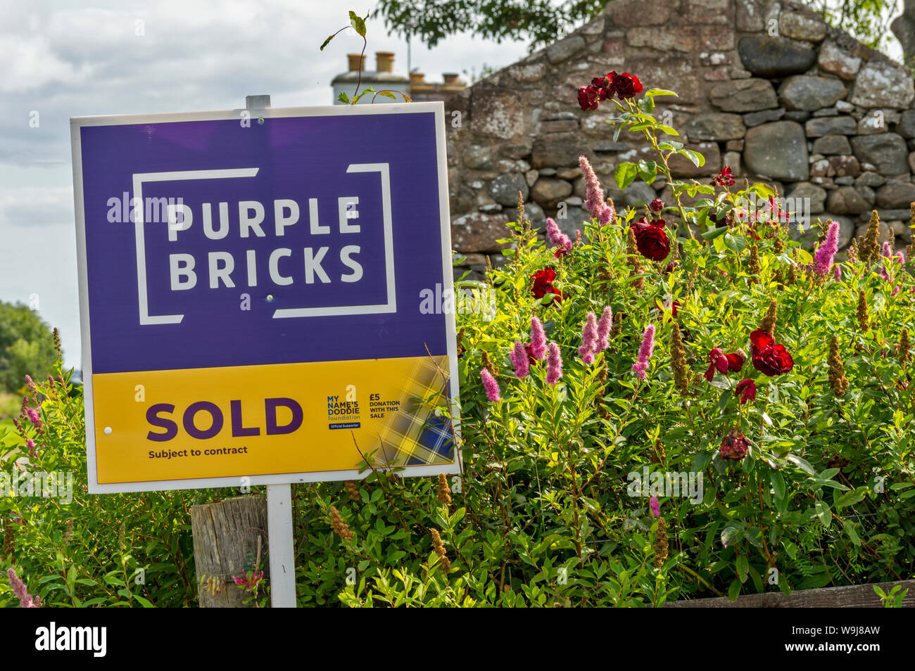 PURPLE BRICKS REAL ESTATE SOLD SIGN AMONGST FLOWERS IN A GARDEN Stock Photo