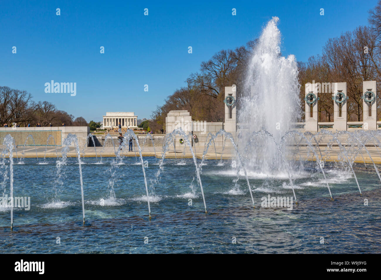 View of World War Two Memorial detail and Lincoln Memorial visible in background, Washington D.C., United States of America, North America Stock Photo
