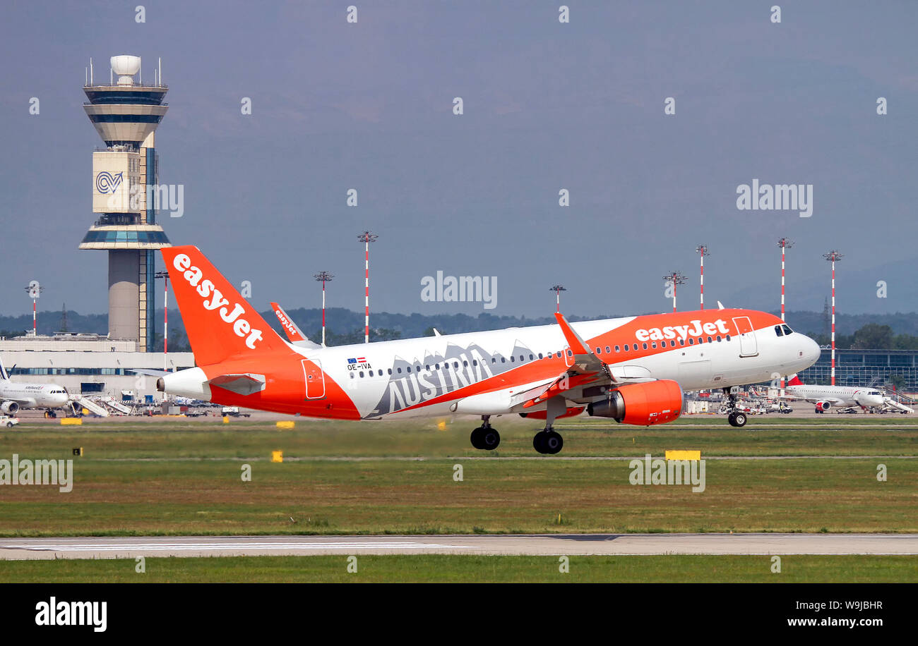 EasyJet Europe, Airbus A320-214 painted in 'Austria' special colours at Malpensa (MXP / LIMC), Milan, Italy Stock Photo
