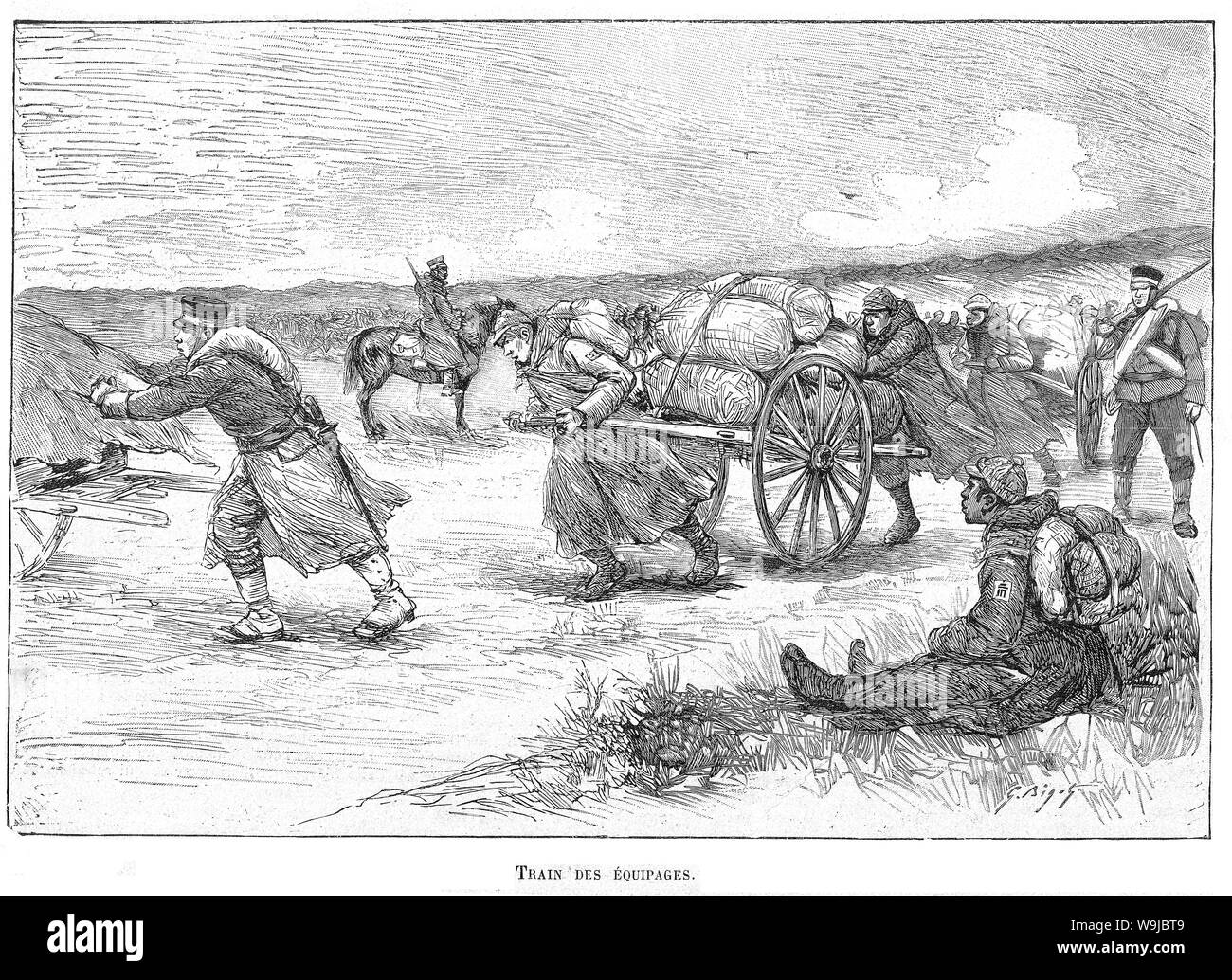 [ 1890s Japan - First Sino-Japanese War (1894–1895) ] —   Transport of supplies during the First Sino-Japanese War (1894–1895).  Published in the French illustrated weekly Le Monde illustré on January 12, 1895 (Meiji 28). Art by French artist Georges Ferdinand Bigot (1860-1927), famous for his satirical cartoons of life in Meiji period Japan.  Original text: 'Train des Equipages.'  19th century vintage newspaper illustration. Stock Photo