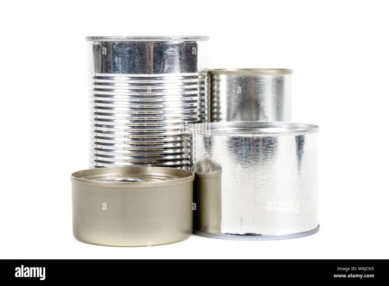 Metal food tins isolated on a white background Stock Photo Alamy