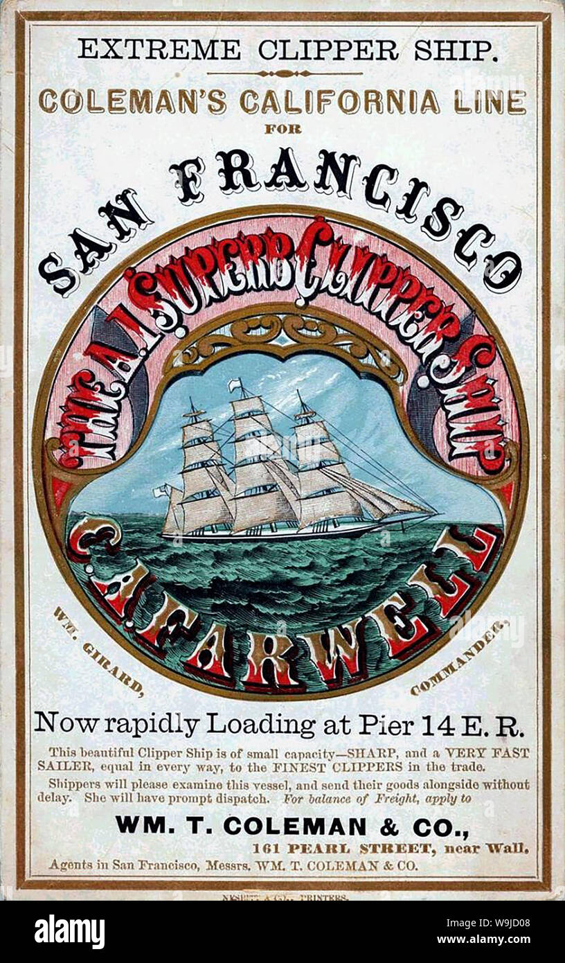 CLIPPER SHIP TICKET A poster - then called a ticket - promoting a fast sailing ship running from New York to San Francisco about 1860 Stock Photo