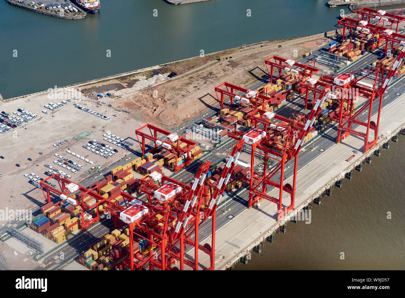 An aerial view of Peel Port, Liverpool docks, Merseyside, North West England, UK Stock Photo