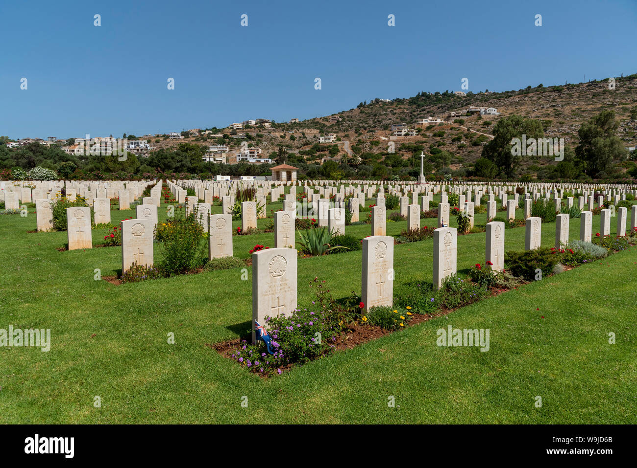 Suda Bay War Cemetery, Crete, Greece. June 2019. Memorial stone to Australian serviceman  of the Australian Imperial Force, Corporal W J Gager. Aged 2 Stock Photo