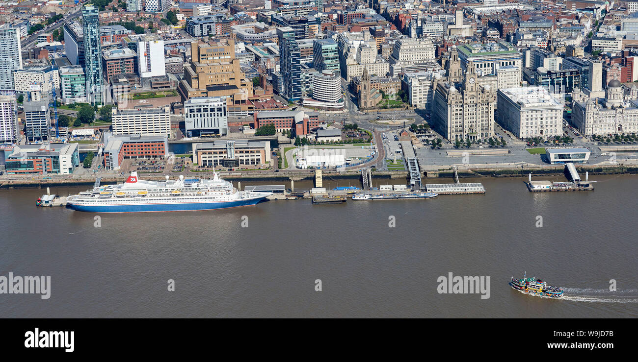 A Fred Olsen line Cruise ship, Black Watch and the Dazzle Mersey Ferry shot from the air, Liverpool, waterfront, North West England, UK Stock Photo
