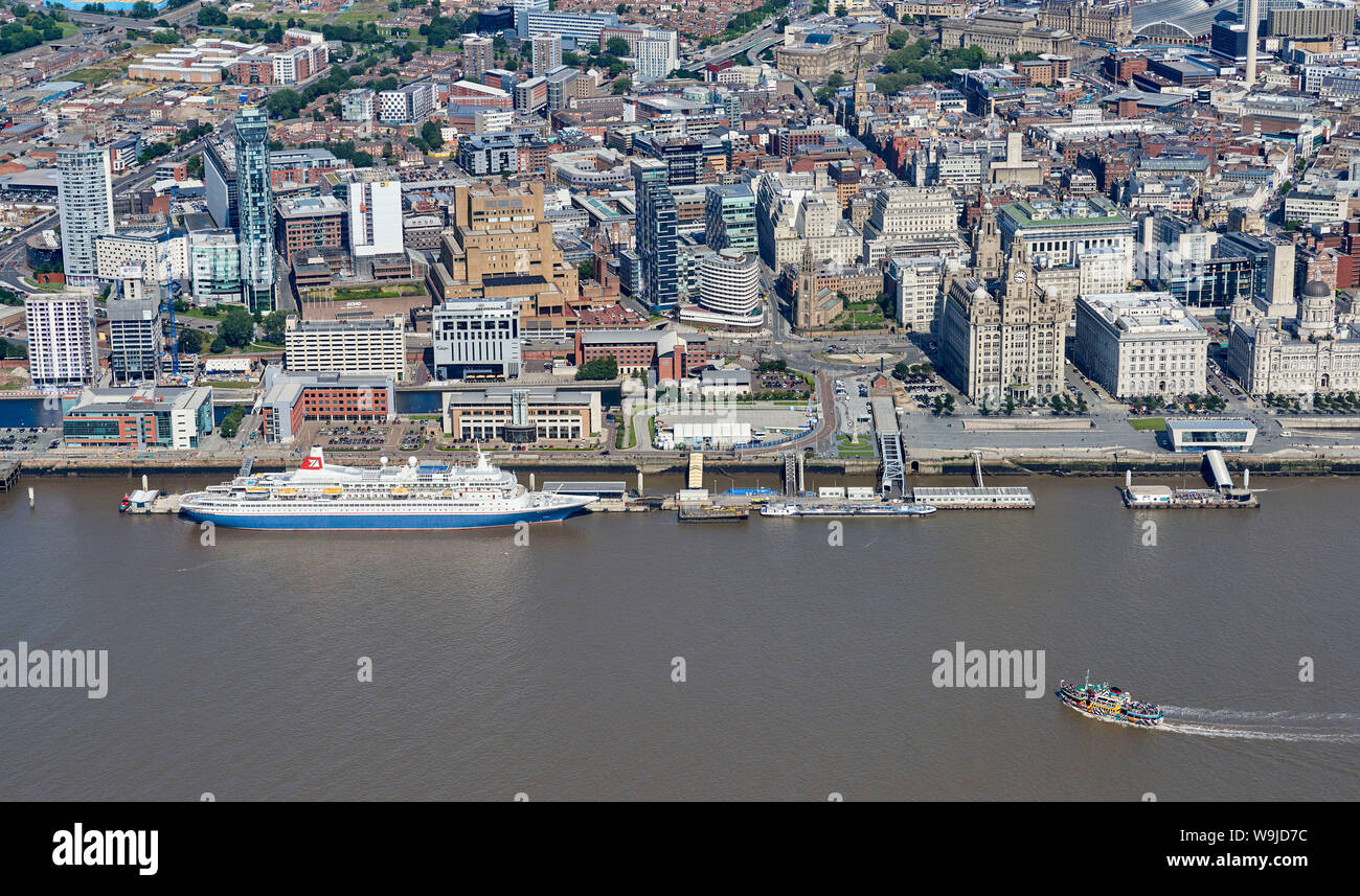 A Fred Olsen line Cruise ship, Black Watch and the Dazzle Mersey Ferry shot from the air, Liverpool, waterfront, North West England, UK Stock Photo
