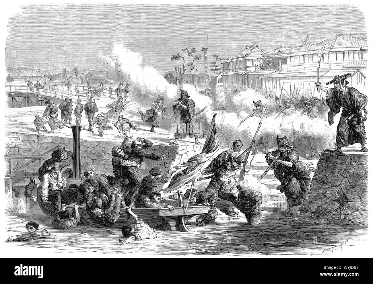 [ 1860s Japan - Samurai Attack French Sailors at Sakai near Osaka ] —   Sakai incident (堺事件, Sakai Jiken). Samurai of Tosa Province (in current Kochi Prefecture) attacked crew members of the French corvette Dupleix when they landed at Sakai near Osaka on March 8, 1868 (Keio 4).   Twelve Frenchmen were killed. Twenty of the samurai were sentenced to death by seppuku, but the French requested grace for nine.  Published in the French illustrated weekly Le Monde illustré in 1868. Art by French artist Godefroy Durand (1832-1920).  19th century vintage newspaper illustration. Stock Photo
