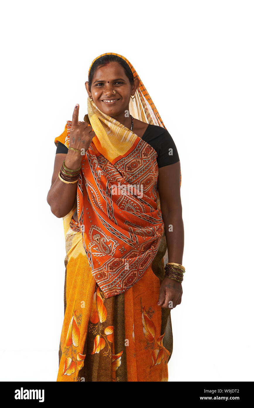 Rural woman showing vote mark on her finger Stock Photo