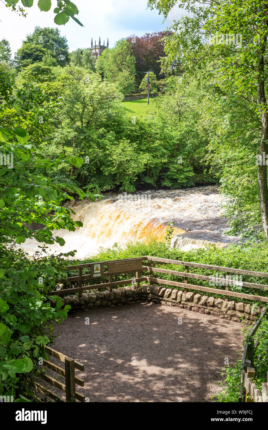 Aysgarth Falls, River Ure, Yorkshire Dales, England.  Famous for being featured in the film Robin Hood: Prince of Thieves, starring Kevin Costner. Stock Photo