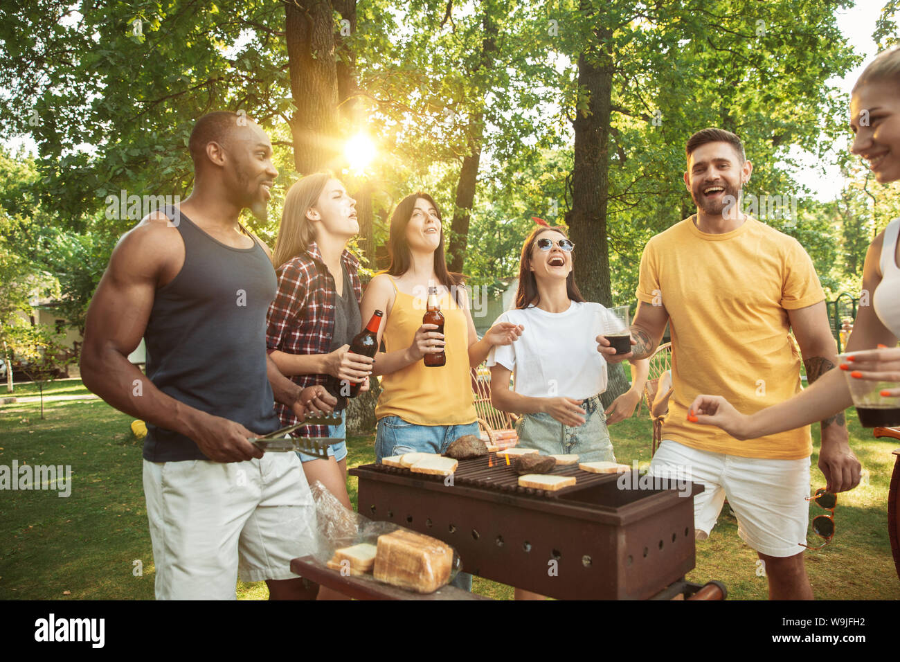 Group of happy friends having beer and barbecue party at sunny day ...