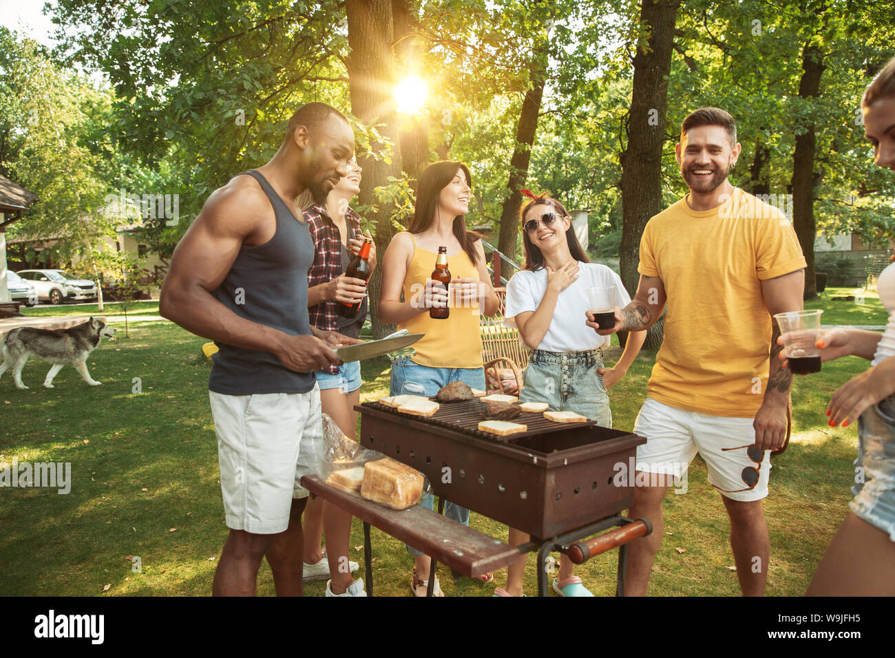 Group of happy friends having beer and barbecue party at sunny day ...