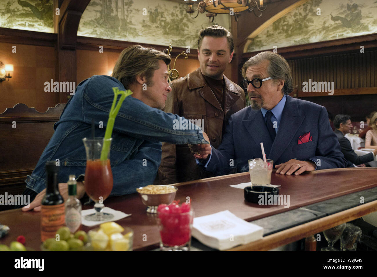 Once Upon a Time in Hollywood is a 2019 comedy-drama crime film written and directed by Quentin Tarantino. The film stars Leonardo DiCaprio, Brad Pitt, Margot Robbie, Emile Hirsch, Margaret Qualley, Timothy Olyphant, Austin Butler, Dakota Fanning, Bruce Dern, and Al Pacino   This photograph is supplied for editorial use only and is the copyright of the film company and/or the designated photographer assigned by the film or production company. Stock Photo