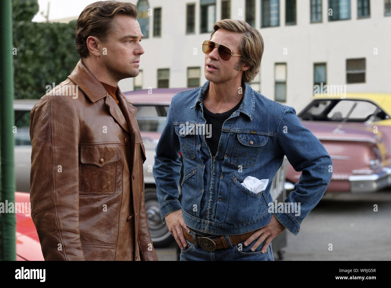 Once Upon a Time in Hollywood is a 2019 comedy-drama crime film written and directed by Quentin Tarantino. The film stars Leonardo DiCaprio, Brad Pitt, Margot Robbie, Emile Hirsch, Margaret Qualley, Timothy Olyphant, Austin Butler, Dakota Fanning, Bruce Dern, and Al Pacino   This photograph is supplied for editorial use only and is the copyright of the film company and/or the designated photographer assigned by the film or production company. Stock Photo
