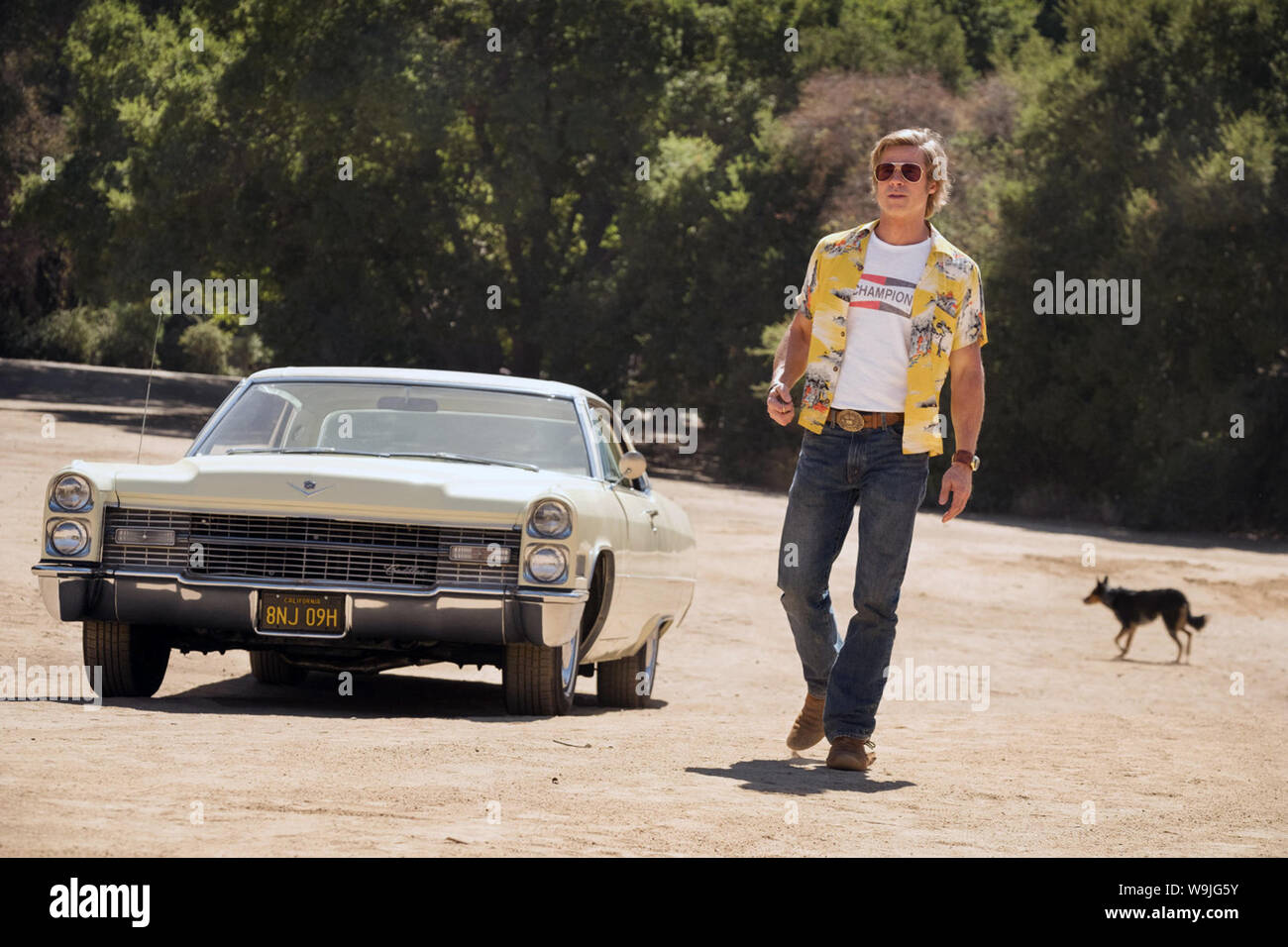 Once Upon a Time in Hollywood is a 2019 comedy-drama crime film written and directed by Quentin Tarantino. The film stars Leonardo DiCaprio, Brad Pitt, Margot Robbie, Emile Hirsch, Margaret Qualley, Timothy Olyphant, Austin Butler, Dakota Fanning, Bruce Dern, and Al Pacino   This photograph is supplied for editorial use only and is the copyright of the film company and/or the designated photographer assigned by the film or production company. Stock Photo