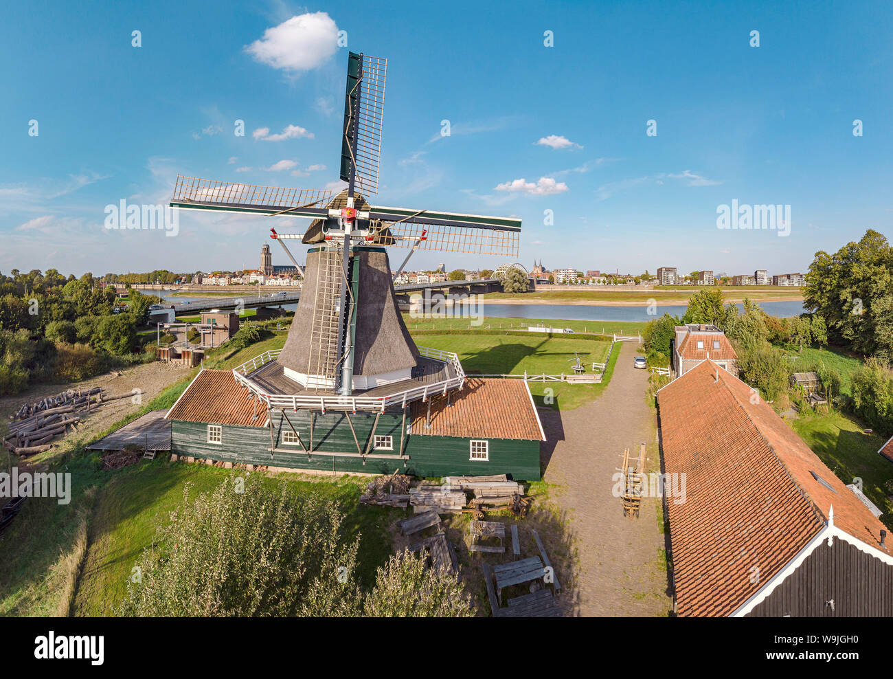 Saw mill called De Bolwerksmolen, Deventer,   Overijssel, , Netherlands, 30071259 *** Local Caption *** windmill, field,  meadow, water, summer, aeria Stock Photo