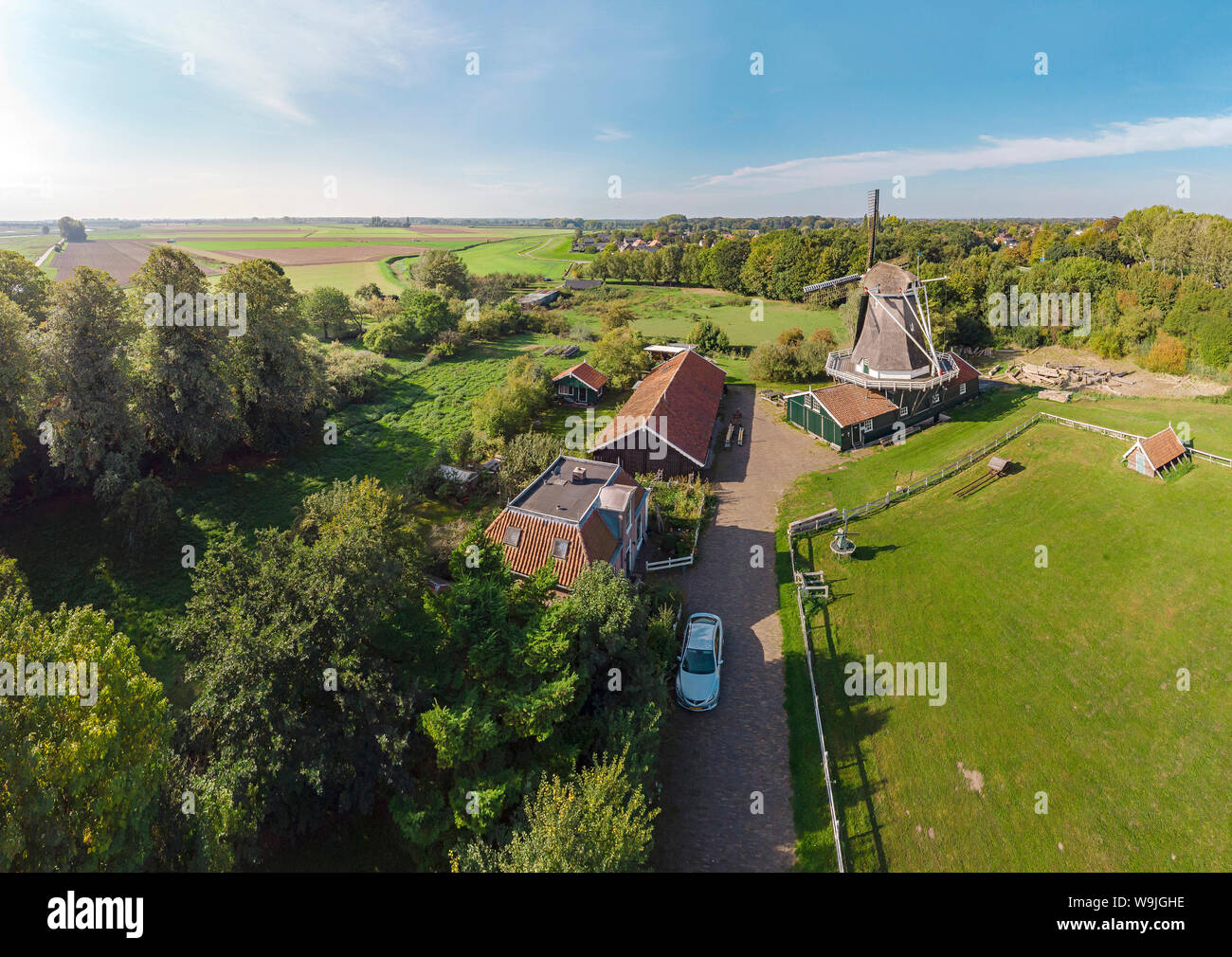Saw mill called De Bolwerksmolen, Deventer,   Overijssel, , Netherlands, 30071267 *** Local Caption *** windmill, field, meadow, trees, summer, aerial Stock Photo