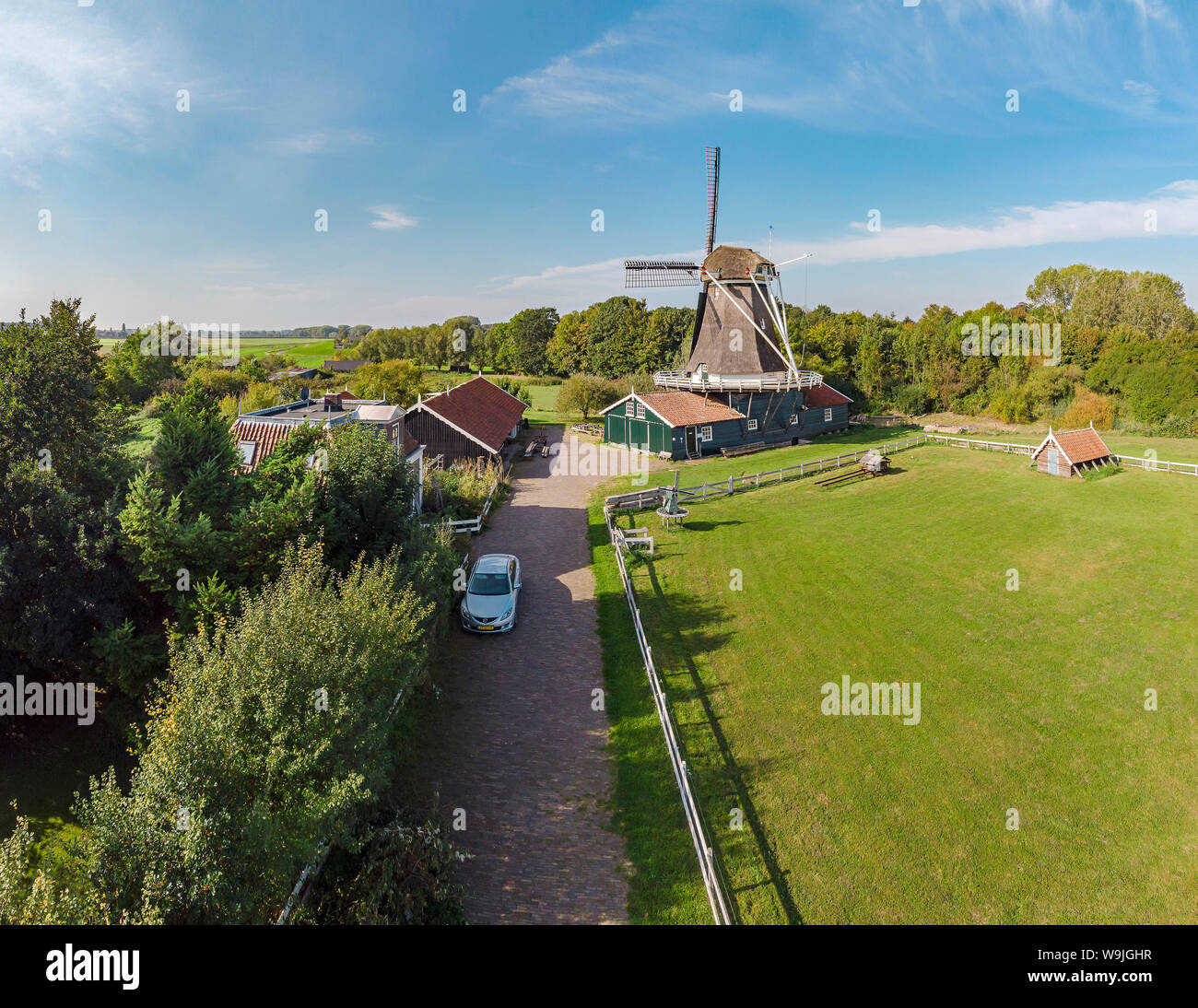 Saw mill called De Bolwerksmolen, Deventer,   Overijssel, , Netherlands, 30071264 *** Local Caption *** windmill, field, meadow, trees, summer, aerial Stock Photo