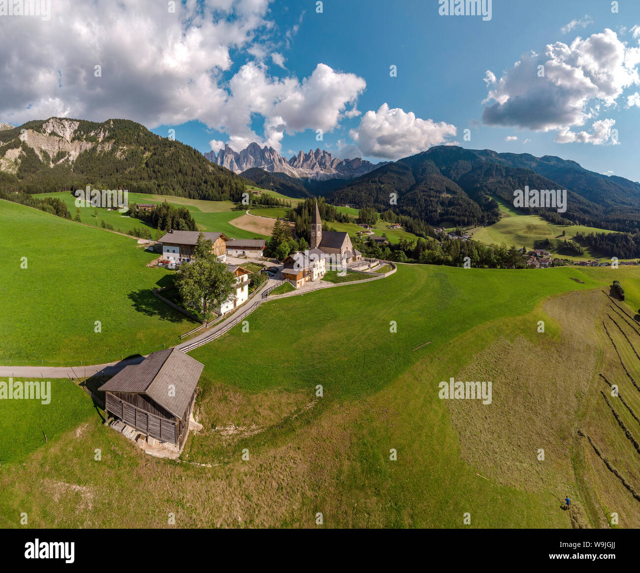 The Villnöß valley and the view towards the Geisler Gruppe mountains, Sankt Magdalena - Santa Maddalena Alta,   , Südtirol - Alto Adige, Italy, 300713 Stock Photo