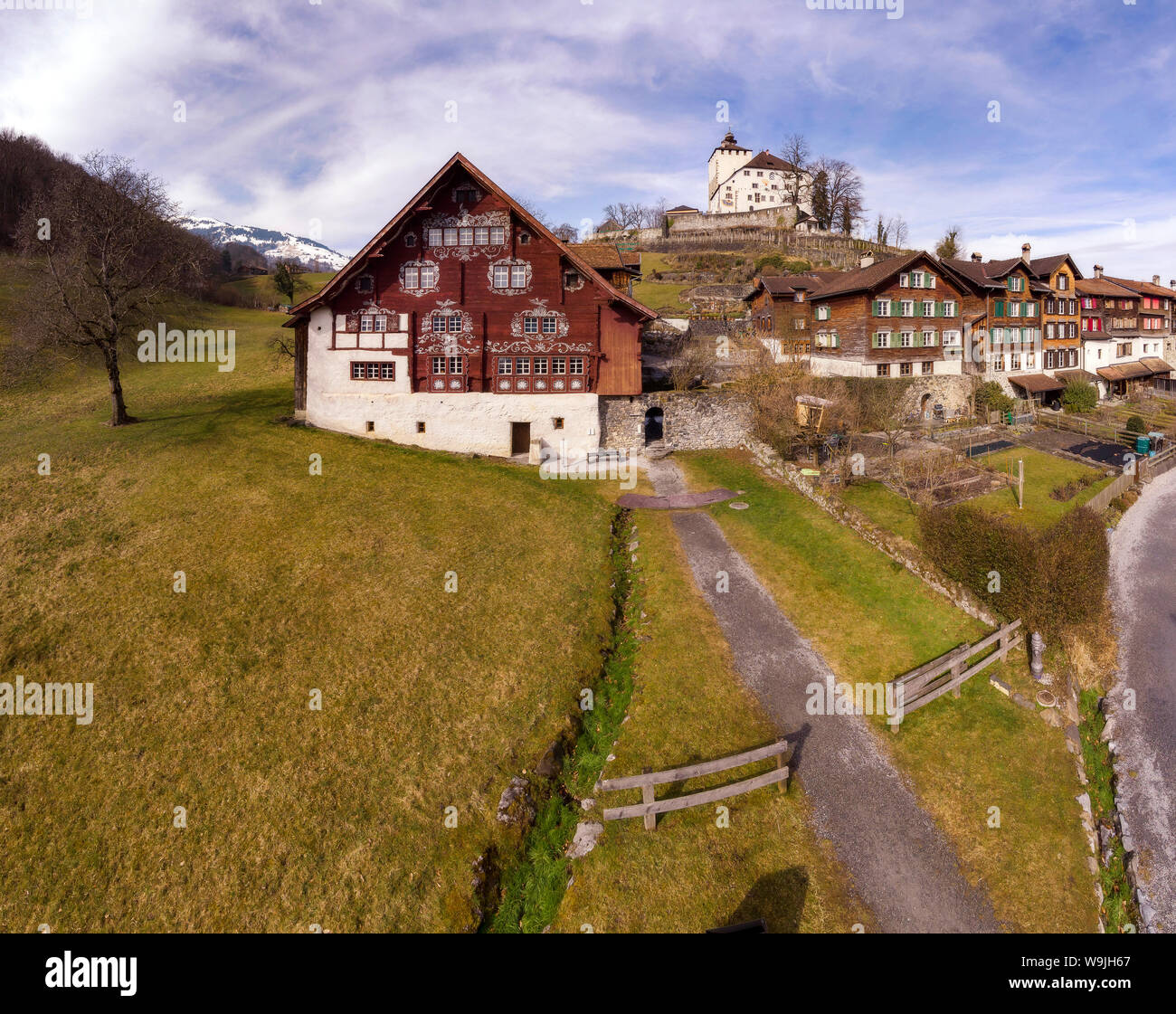 Castle and historic houses of Werdenberg, Buchs,   , Sankt Gallen, Switzerland, 30071626 *** Local Caption *** city, village, field, meadow, winter, m Stock Photo