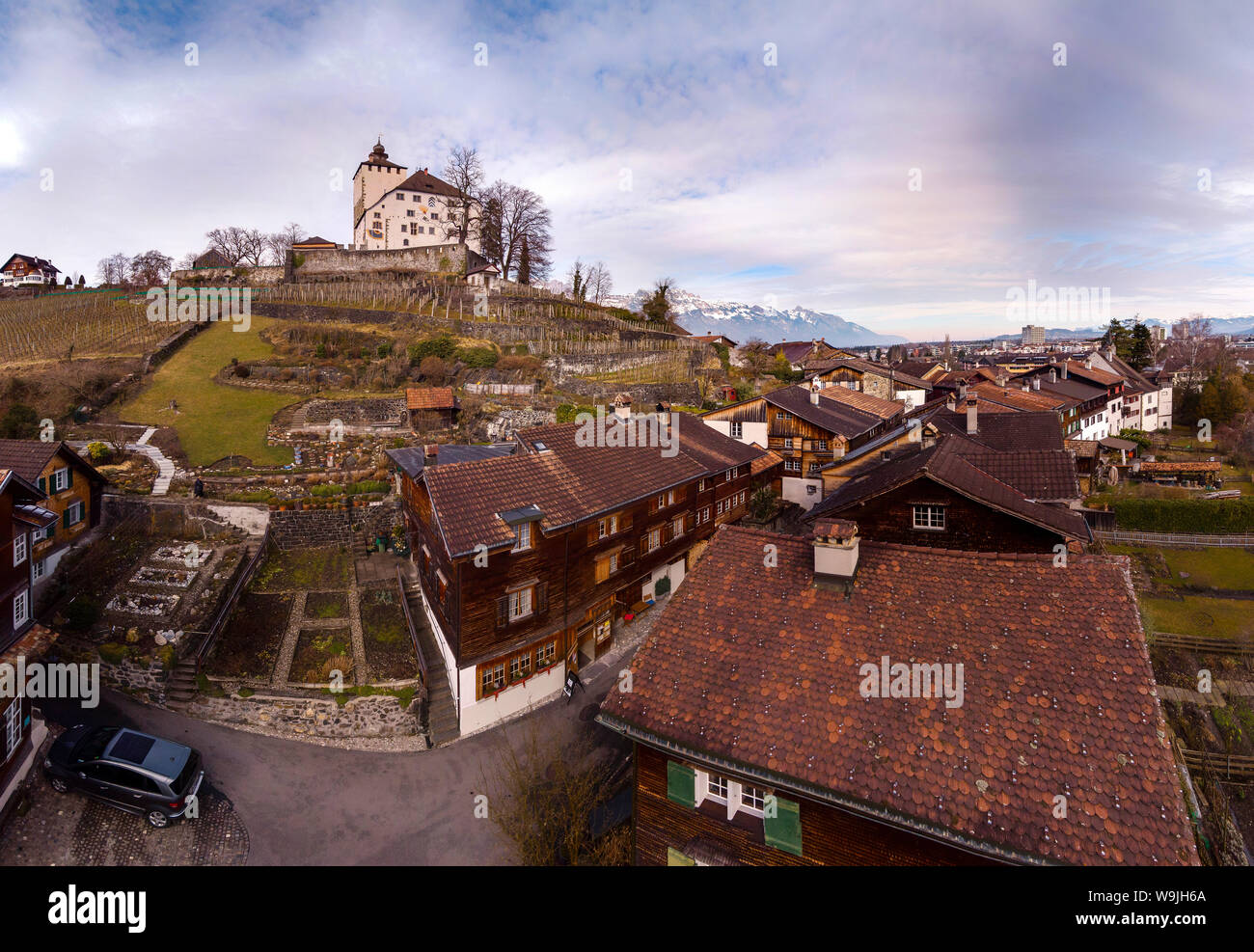 Castle and historic houses of Werdenberg, Buchs,   , Sankt Gallen, Switzerland, 30071622 *** Local Caption *** city, village, winter, mountains, hills Stock Photo