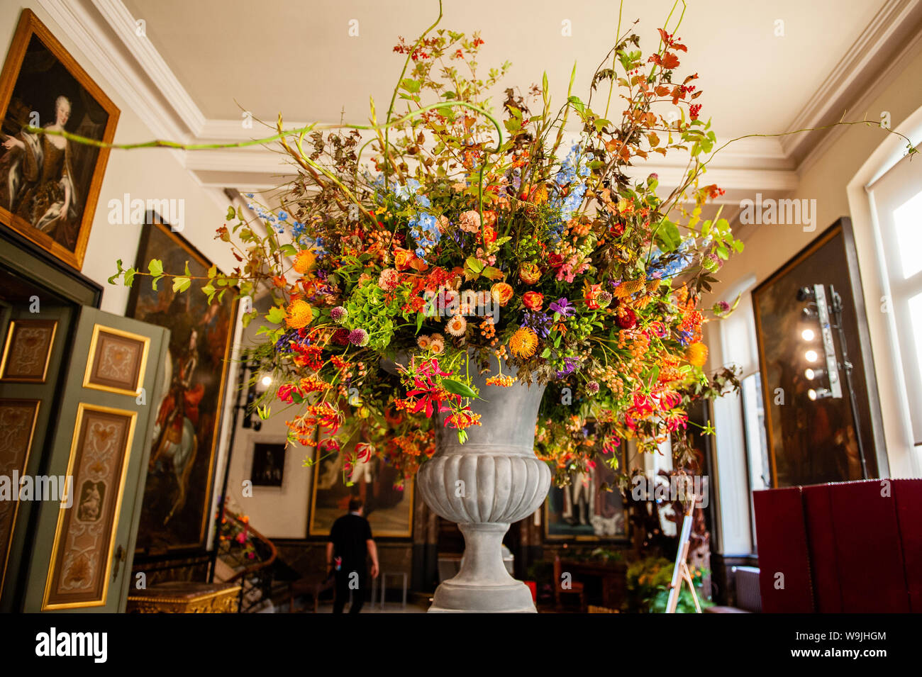 Brussels, North Brabant, Belgium. 14th Aug, 2019. A bucket of flowers is  seen in one of the halls during the occasion.Flower time is a biennial  initiative that was launched in 2013 by