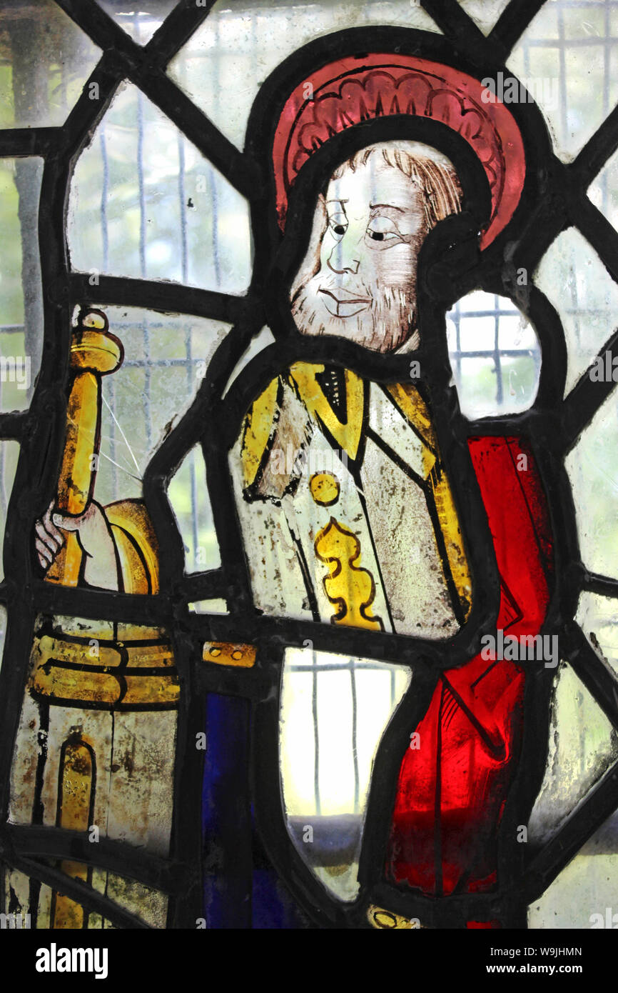 16th Century Stained Glass of St Rhychwyn, Llanrhychwyn, nr Trefriw, Conwy Valley, Wales Stock Photo
