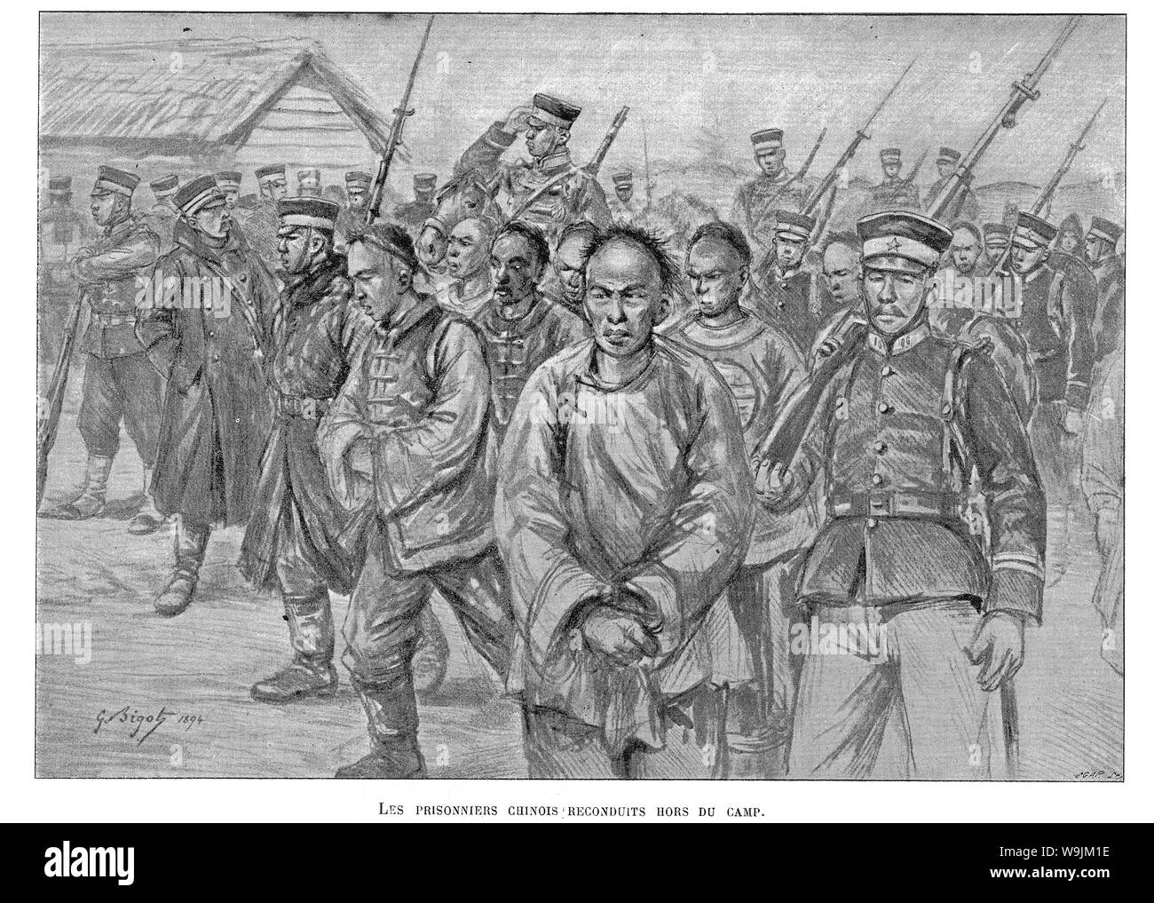 [ 1890s Japan - First Sino-Japanese War (1894–1895) ] —   Japanese imperial troops Chinese prisoners during the First Sino-Japanese War (1894–1895).  Published in the French illustrated weekly Le Monde illustré on March 9, 1895 (Meiji 28). Art by French artist Georges Ferdinand Bigot (1860-1927), famous for his satirical cartoons of life in Meiji period Japan.  19th century vintage newspaper illustration. Stock Photo