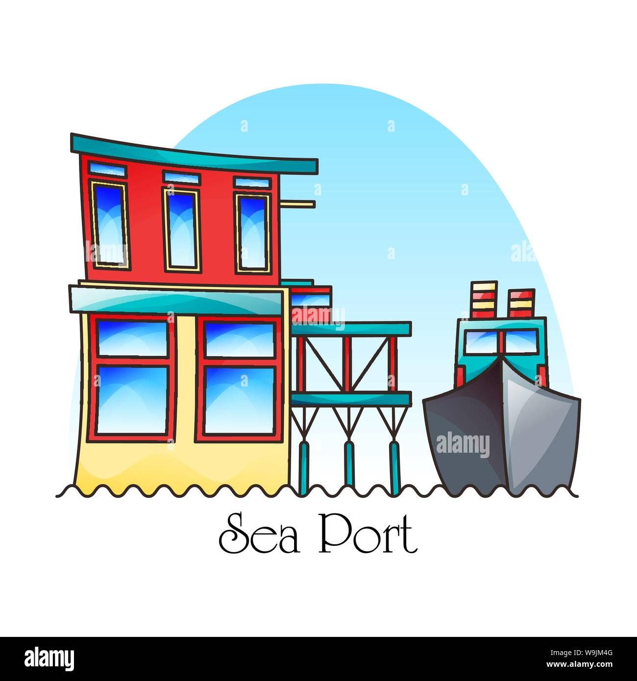 Ship at harbor or seaport exterior view. Transport Stock Vector