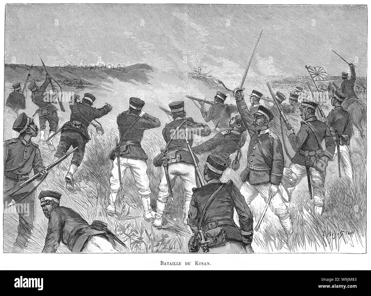 [ 1890s Japan - First Sino-Japanese War (1894–1895) ] —   Japanese Imperial forces in action during the First Sino-Japanese War (1894–1895).   Published in the French illustrated weekly Le Monde illustré on January 12, 1895 (Meiji 28). Art by French artist Georges Ferdinand Bigot (1860-1927), famous for his satirical cartoons of life in Meiji period Japan.  19th century vintage newspaper illustration. Stock Photo