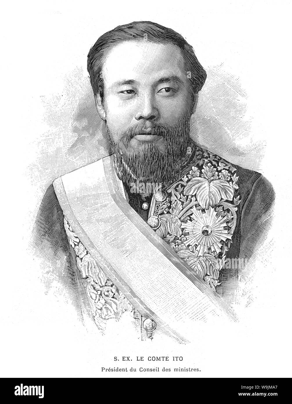 [ 1890s Japan - Japanese Statesman Hirobumi Ito ] —   Portrait of Japanese statesman Hirobumi Ito (伊藤博文, 1841–1909). Ito was the 1st, 5th, 7th and 10th Prime Minister of Japan, genro (元老) and Resident-General of Korea. He was assassinated by Korean nationalist An Jung-geun (안중근; 安重根, 1879–1910).  Published in the French illustrated weekly L'Illustration on September 29, 1894 (Meiji 27).  19th century vintage newspaper illustration. Stock Photo